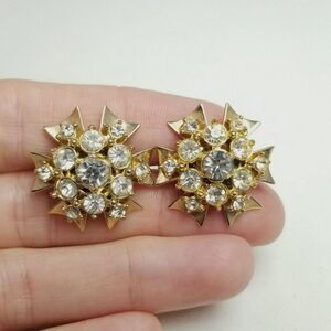 Vintage Rhinestone Starburst Earrings, Gold Tone Clip On Screw Back 60s Style